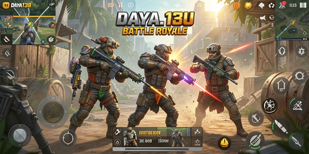 Screenshot utama menunjukkan aksi mendebarkan dalam pertarungan Battle Royale.
