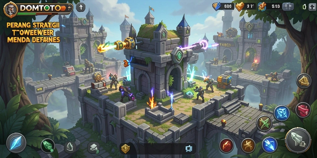 Screenshot gameplay DOMTOTO menampilkan serangan menara melawan gelombang musuh.