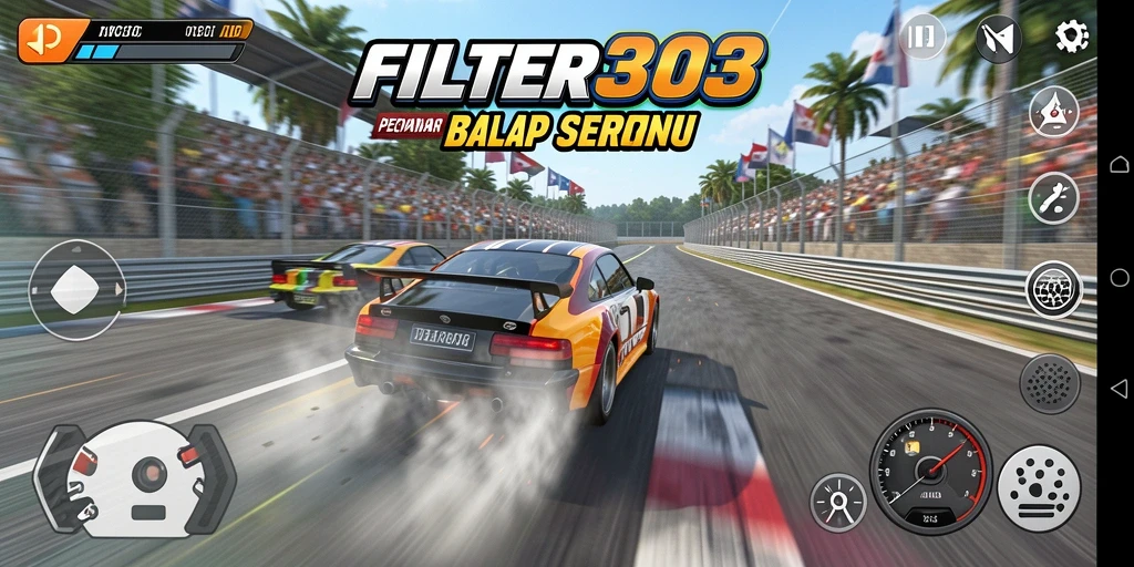 Tangkapan layar menunjukkan aksi balap mendebarkan di FILTER303.