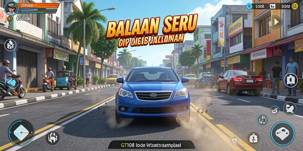 Tangkapan layar gameplay GT108 menampilkan aksi balapan seru di jalanan.