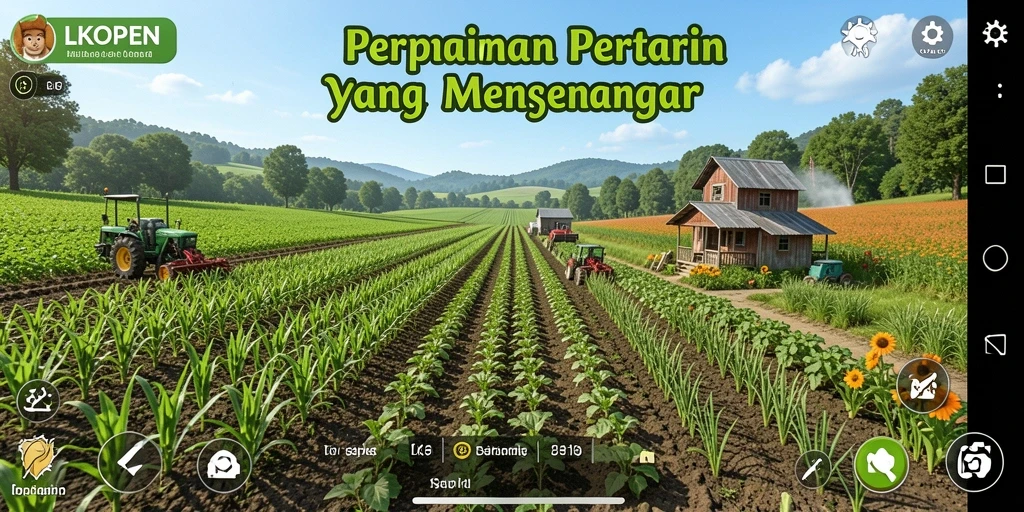 Tampilan gameplay LKOPEN yang menarik dengan pertanian yang hijau dan subur.