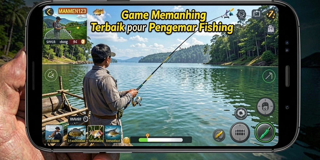Tampilan gameplay MAMEN123 saat menangkap ikan di danau