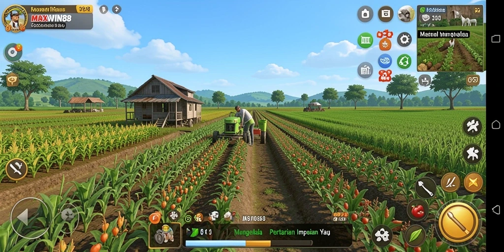 Screenshot gameplay <strong>MAXWIN88</strong> menunjukkan tindakan bertani yang seru dan interaktif.