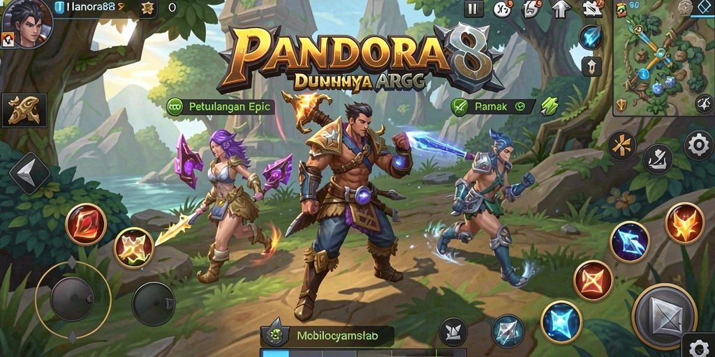Screenshot gameplay PANDORA88 dengan pertarungan epik di latar belakang.