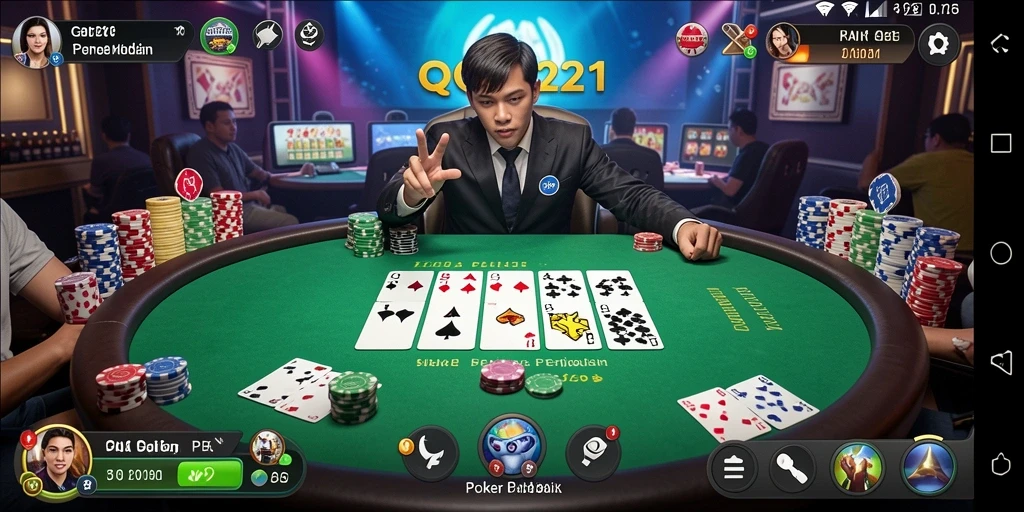 Screenshot gameplay QQ1221 menampilkan aksi Poker yang mendebarkan.